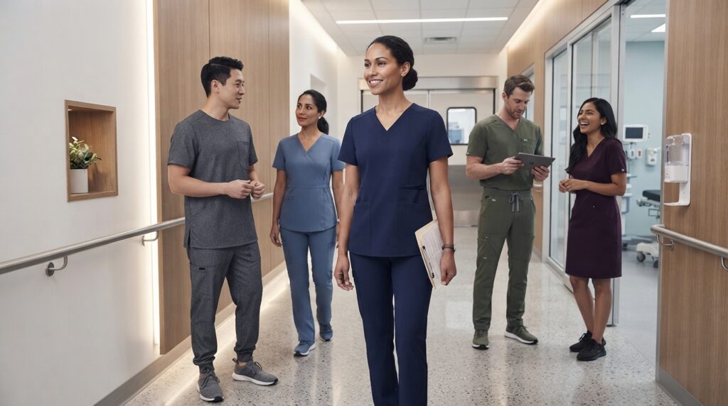 Professional Medical Scrubs: What Healthcare Workers Should Look For Healthcare professionals wearing polished and functional medical scrubs