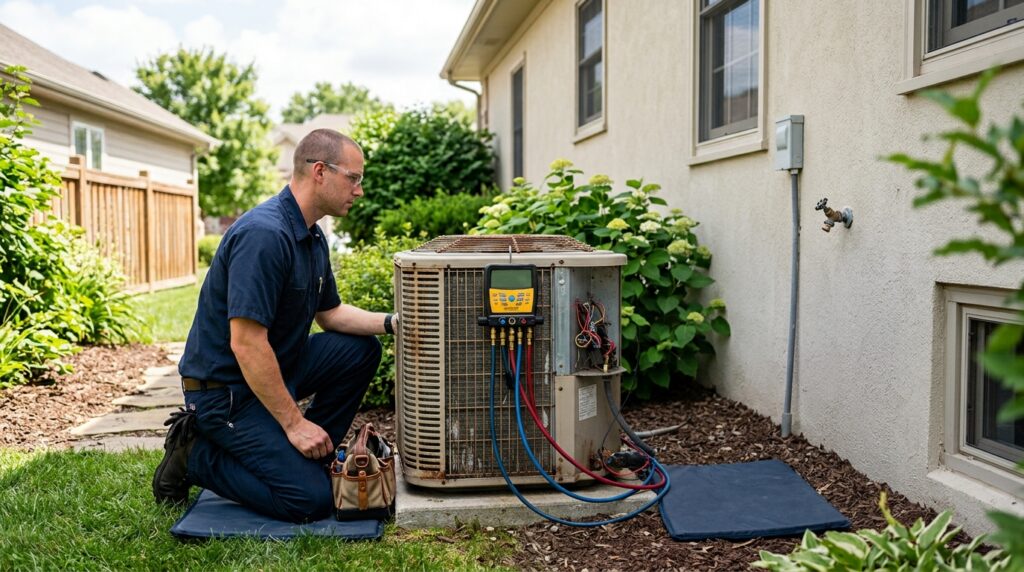 How Long Should an Air Conditioner Last? Aging residential air conditioner being evaluated for remaining service life